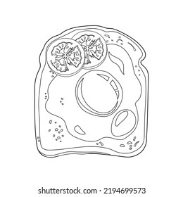 Outline Vector toast with egg, olive and tomatoes. Vegetable toast on grilled bread slice. Open sandwich. Vegan snack food. Vector illustration.