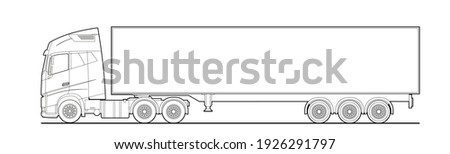 Outline Vector truck, lorry, semitrailer, side view. White blank template truck, semi-trailer. For coloring book. Freight transportation. Modern flat vector illustration