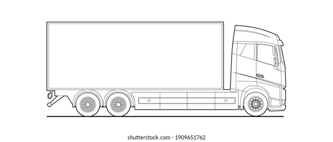 Outline Vector truck, lorry, side view. Blank template truck for coloring book, tk. Freight transportation. Urban cargo transportation over short distances. Modern flat vector illustration.