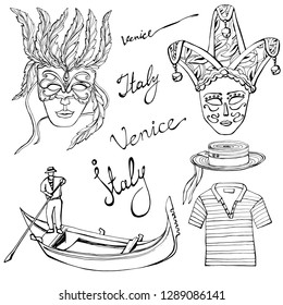 outline vector venice itaiy carnival  travel set of line monochrome isolated illustration