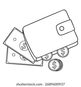 Outline Vetor: Carteira com Moedas de Dinheiro e Dólar para Finanças