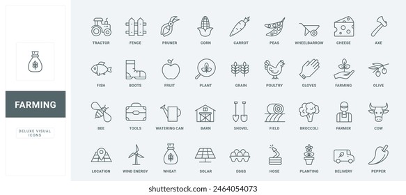 Outline vegetable harvest from field and tractor symbols, corn and wheat crop, farm food products and farmers equipment. Agriculture and farming thin black and red line icons set vector illustration