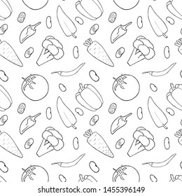 Outline vegetable seamless pattern. Decorative natural backdrop vector. Vector line print design. Diet menu. Vector abstract graphic design.