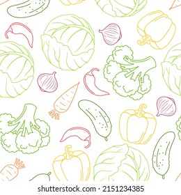 Outline vegetables background. Vector seamless pattern with food icons. Simple illustration of cabbage, carrot, cucumber, onion, broccoli, bell pepper and chili.