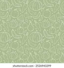 Outline vegetables and fruits seamless pattern. Hand draw thin line doodle farm fresh fruit and vegetables pattern. Organic healthy veggie food