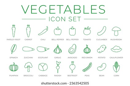 Outline Vegetables Icon Set of Parsey Root, Carrot, Chilli, Paprika, Pepper, Tomato, Cucumber, Mushroom, Cauliflower, Pumpkin, Broccoli, Cabbage, Radish, Beetroot, Peas, Bean, Corn Icons.