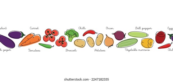 Outline vegetables seamless banner with colored elements and font elements. Collection different types of vegetables in line art drawing style.