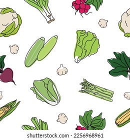 Outline vegetables seamless pattern with colored elements . Collection different types of vegetables in line art drawing style.