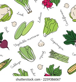 Outline vegetables seamless pattern with colored elements . Collection different types of vegetables in line art drawing style.