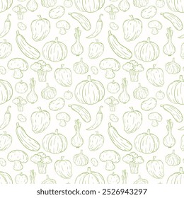 Outline vegetables seamless pattern. Hand draw thin line doodle farm fresh vegetables pattern. Organic healthy veggie food