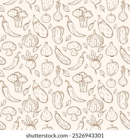 Outline vegetables seamless pattern. Hand draw thin line doodle farm fresh vegetables pattern. Organic healthy veggie food