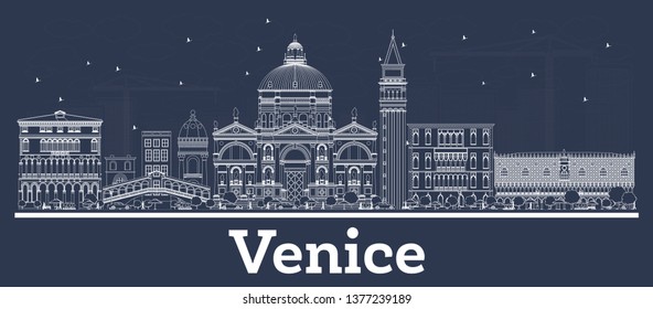 Outline Venice Italy City Skyline with White Buildings. Vector Illustration. Business Travel and Concept with Modern Architecture. Venice Cityscape with Landmarks.