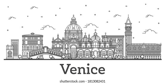 Outline Venice Italy City Skyline with Historic Buildings Isolated on White. Vector illustration. Venice Cityscape with Landmarks.