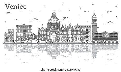 Outline Venice Italy City Skyline with Historic Buildings and Reflections Isolated on White. Vector illustration. Venice Cityscape with Landmarks.