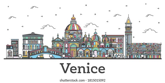 Outline Venice Italy City Skyline with Color Buildings Isolated on White. Vector illustration. Venice Cityscape with Landmarks.