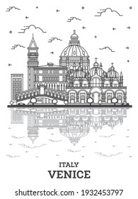 Outline Venice Italy City Skyline with Historic Buildings and Reflections Isolated on White. Vector illustration. Venice Cityscape with Landmarks.