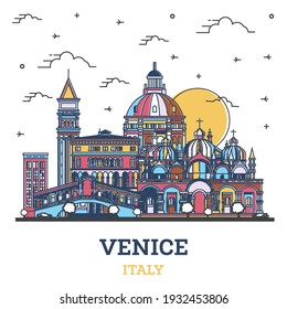 Outline Venice Italy City Skyline with Colored Historic Buildings Isolated on White. Vector illustration. Venice Cityscape with Landmarks.