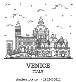 Outline Venice Italy City Skyline with Historic Buildings Isolated on White. Vector illustration. Venice Cityscape with Landmarks.