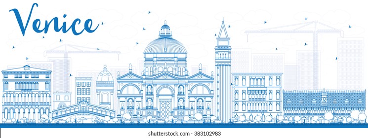 Outline Venice Skyline Silhouette with Blue Buildings. Vector Illustration. Business Travel and Tourism Concept with Historic Buildings. Image for Presentation Banner and Placard.