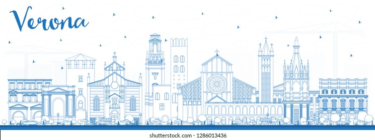 Outline Verona Italy City Skyline with Blue Buildings. Vector Illustration. Business Travel and Tourism Concept with Historic Architecture. Verona Cityscape with Landmarks. 