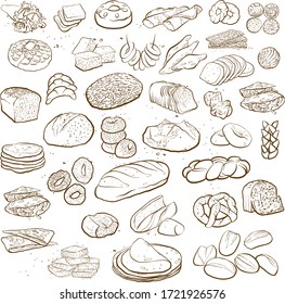 Outline version of Big Collection of hand drawn bread isolated on white background with different European and American bread types. Bakery objects vector illustration in sketch style