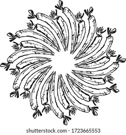 Outline version of Carrots arranged in a circle. Seamless round composition with hand drawn veggies. Vector illustration