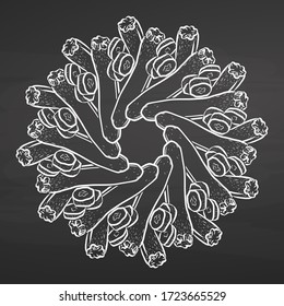 Outline version of Courgettes arranged in a circle. Seamless round composition with hand drawn veggies. Vector illustration on blackboard