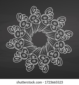 Outline version of Cucumbers arranged in a circle. Seamless round composition with hand drawn veggies. Vector illustration on blackboard