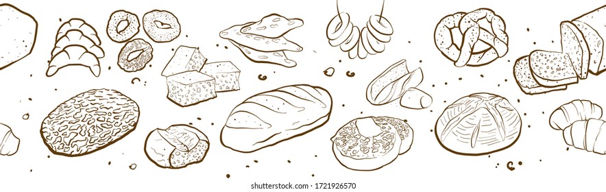 Outline version of Fresh bread banner. Seamless panoramic composition with hand drawn bread. Vector illustration banner design for bakery shops