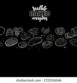 Outline version of Freshly baked everyday label with illustrations of various types of bread. Coloured sketches to a seamless banner arranged bread types on blackboard