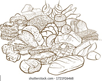 Outline version of Huge set of coloured sketches of bakery products with many kinds of bread on white background