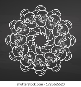 Outline version of Mushrooms arranged in a circle. Seamless round composition with hand drawn veggies. Vector illustration on blackboard