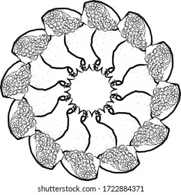 Outline version of pomegranates arranged in a circle. Seamless round composition with hand drawn fruits. Vector illustration on white