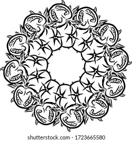 Outline version of Tomatoes arranged in a circle. Seamless round composition with hand drawn veggies. Vector illustration