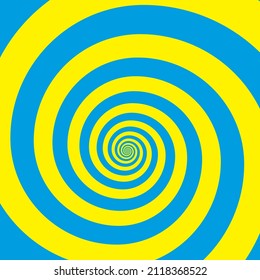 Outline Vibrant Blue Paint Drawn Curvy Infinite Burst Artist Painting Logo Decor Retro Print Style. Close Up View Modern Bright Yellow Dizzy Effect Liquid Fluid Flow Cycle Pinwheel Vertigo Explosion