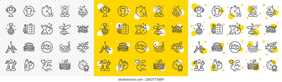 Outline Victory, Boat fishing and Hourglass timer line icons pack for web with Cardio training, Yoga, Fish school line icon. Sports arena, Yoga music, Arena pictogram icon. Best result. Vector