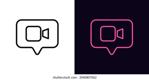 Outline video camera icon, with editable stroke. Linear camera sign with bubble silhouette. Video story stream and record, online presentation and conference. Vector icon, sign for UI and Animation