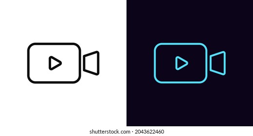 Outline video camera icon, with editable stroke. Linear projector with play sign, video content pictogram. Online broadcasting, live stream, video channel. Vector icon, sign, symbol for Animation