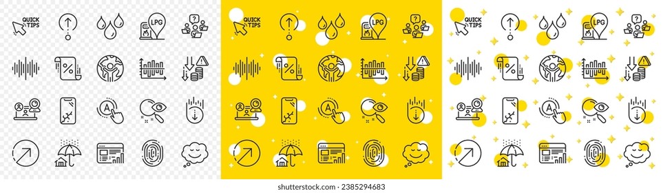Conducción de video de esquema, pruebas de Ab e iconos de línea de deflación para web con diagrama de diagrama, pregunta de trabajo en equipo, icono de línea de búsqueda. Burbuja de voz, onda de sonido, icono del pictograma de la estación de gas. Vector