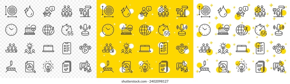 Outline Video conference, Cyber attack and Handout line icons pack for web with Checklist, Business idea, Environment day line icon. Group people, Plan, Timer pictogram icon. Idea. Vector