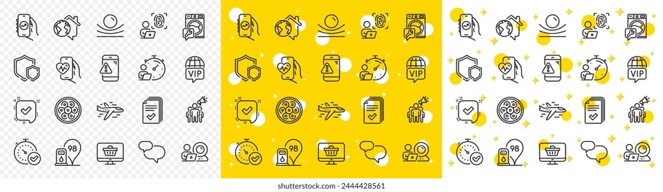 Outline Video conference, Vip internet and Computer fingerprint line icons pack for web with Airplane, Web shop, Warning message line icon. Financial app, Petrol station. Vector