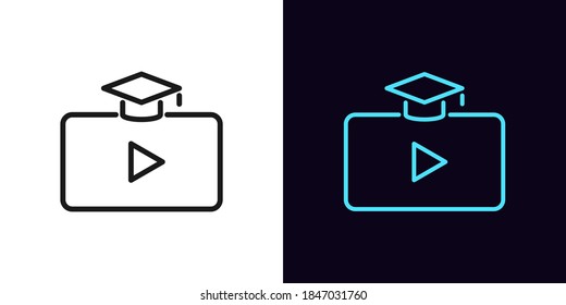 Outline Video Course Icon. Linear Webinar Sign With Editable Stroke, Digital Study. Online Education Platform, Distance Learning, Teaching Tutorial. Vector Icon, Sign, Symbol For UI And Animation