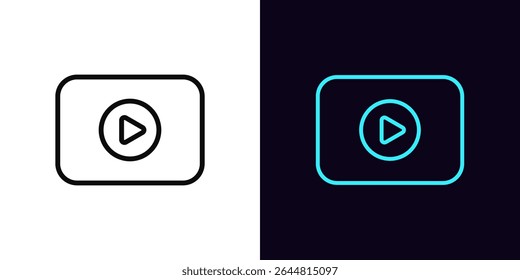 Outline video player icon, with editable stroke. Media screen with play button, video content icon. Multimedia display, media player, online movie channel, game replay, video stream. Vector icon
