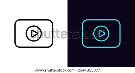 Outline video player icon, with editable stroke. Media screen with play button, video content icon. Multimedia display, media player, online movie channel, game replay, video stream. Vector icon