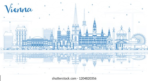 Outline Vienna Austria City Skyline with Blue Buildings and Reflections. Vector Illustration. Business Travel and Tourism Concept with Historic Architecture. Vienna Cityscape with Landmarks.