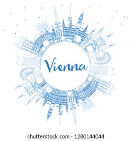 Outline Vienna Austria City Skyline with Blue Buildings and Copy Space. Vector Illustration. Business Travel and Tourism Concept with Historic Architecture. Vienna Cityscape with Landmarks. 