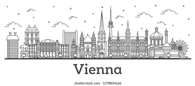 Outline Vienna Austria City Skyline with Historic Buildings Isolated on White. Vector Illustration. Vienna Cityscape with Landmarks. 