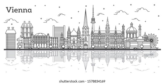 Outline Vienna Austria City Skyline with Historic Buildings and Reflections Isolated on White. Vector Illustration. Vienna Cityscape with Landmarks. 
