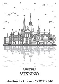 Outline Vienna Austria City Skyline with Historic Buildings and Reflections Isolated on White. Vector Illustration. Vienna Cityscape with Landmarks. 