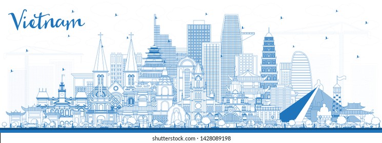 Outline Vietnam City Skyline with Blue Buildings. Vector Illustration. Tourism Concept with Historic Architecture. Vietnam Cityscape with Landmarks. Hanoi. Ho Chi Minh. Haiphong. Da Nang. 